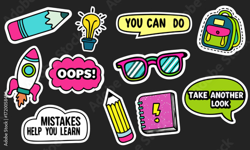 Motivational and Educational Stickers Collection in Pop Art Style. A collection of colorful, hand-drawn pop art stickers featuring inspirational messages like "Mistakes Help You Learn" and "You Can Do