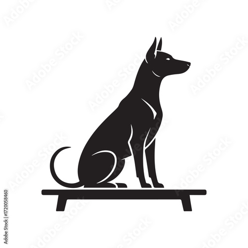 Vector art of elegant dog silhouette sitting gracefully on a platform, , showcasing canine poise and minimalist design