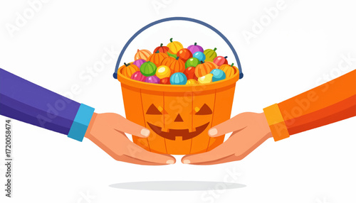 Hands sharing a Halloween pumpkin bucket filled with colorful candies, celebrating the joy of trick-or-treating and festive treats