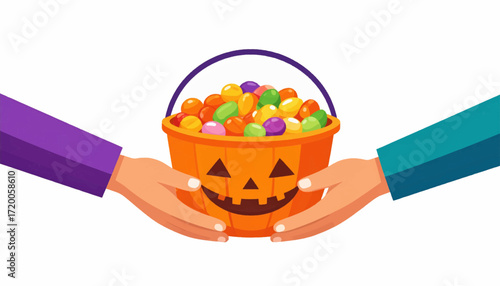 Delightful hands exchanging a vibrant pumpkin candy basket filled with a variety of colorful sweets, capturing the festive spirit of holiday treats and sharing joy in a beloved tradition