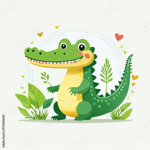 Charming cartoon alligator with a bright smile, standing among vibrant green leaves and subtle heart accents, radiating happiness and a friendly vibe