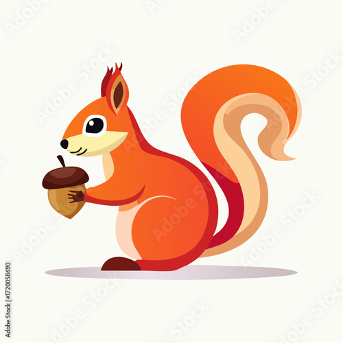 Cute cartoon illustration of a red squirrel holding a brown acorn in its paws, isolated on a white background