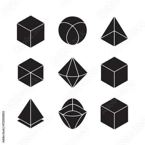 Vector art of geometric shapes, a collection of nine different 3d shapes in black silhouette, perfect for design and educational purposes