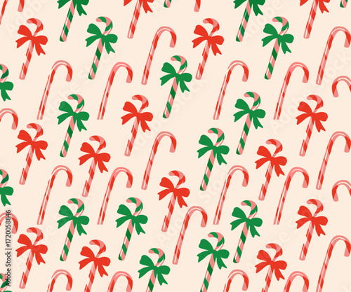 Festive Candy Cane Pattern on a Pastel Background. A cheerful and playful repeating pattern of candy canes in red and green, adorned with bows, on a soft, pastel background.