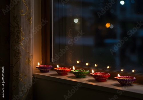 Diwali diwali diyas lit on a windowsill at night, with bokeh lights in the background, celebrating the festival of lights