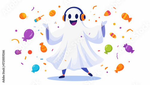 Cute ghost character with headphones dancing and celebrating amidst colorful confetti and candies, representing fun and joy