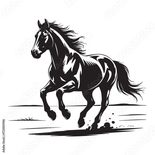 Vector art of majestic horse, captured in a dynamic gallop with flowing mane and tail, showcasing power and grace in a monochrome design