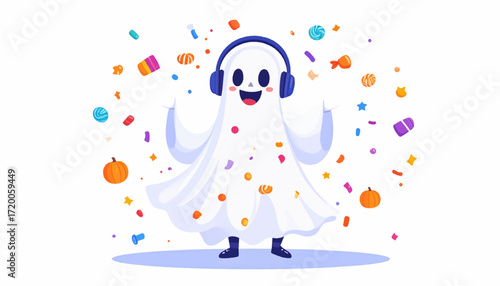 Cute cartoon ghost wearing headphones dancing to music surrounded by candy and pumpkins, festive Halloween illustration