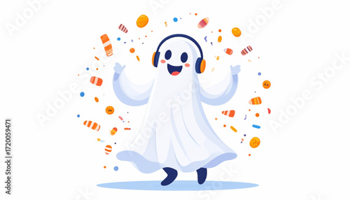 A cheerful cartoon ghost in headphones joyfully celebrates a Halloween party, dancing among falling confetti, candies, and pumpkins on a white background