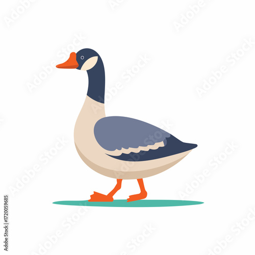 Charming flat design illustration of a walking goose, perfect for children's books, educational materials, or nature-themed projects, featuring a stylized waterfowl