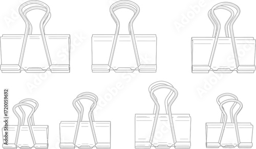 Metal binder clips, office supplies on a plain white background