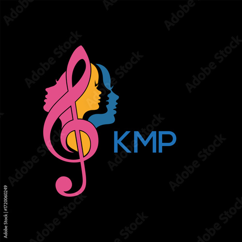 "Colorful Female Silhouettes with Treble Clef Music Symbol on Black Background – KMP Later Logo, Empowerment, Diversity & Art Concept"
