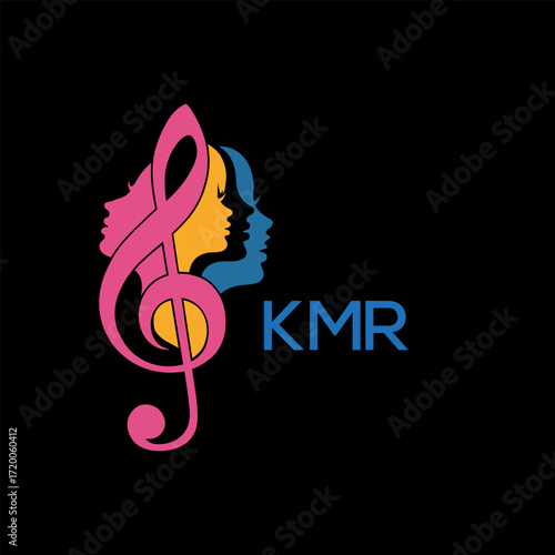 "Colorful Female Silhouettes with Treble Clef Music Symbol on Black Background – KMR Later Logo, Empowerment, Diversity & Art Concept"
