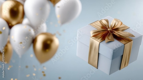 A beautifully wrapped gift box hovers amid white and gold balloons, adding a cheerful touch to the festive occasion