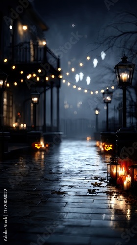 A charming house glows softly at night, adorned with pumpkins and surrounded by autumn foliage under a full moon