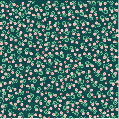 Seamless Floral Pattern with Green Leaves and Red Berries on Dark Background
