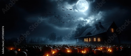 A charming house glows softly at night, adorned with pumpkins and surrounded by autumn foliage under a full moon
