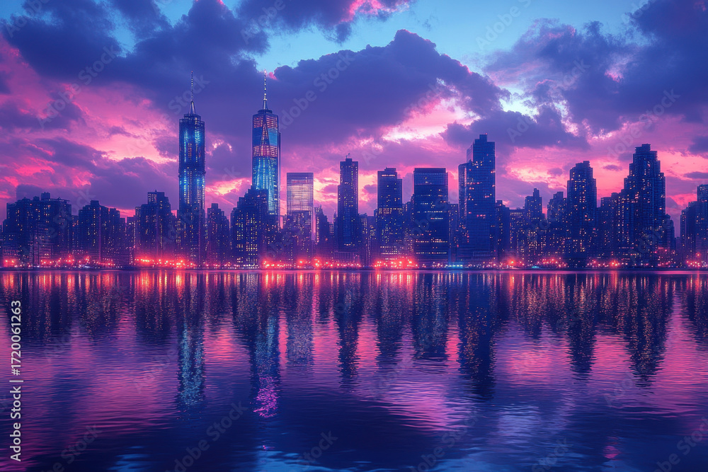 Fototapeta premium Sun setting over city skyline at sunset, reflecting in the water.