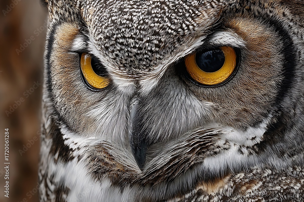 Obraz premium Close-Up of a Great Horned Owl Displaying Intense Gaze and Distinctive Features