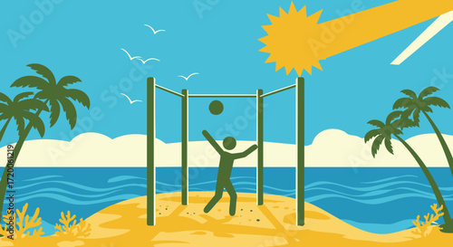 Vibrant beach volleyball scene with a silhouette player under a bright sun and palm trees