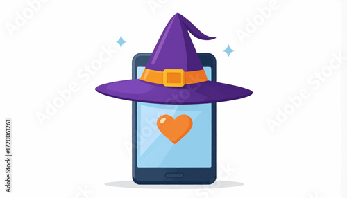 Enchanted digital love A smartphone wearing a mystical witch's hat with a glowing heart, representing whimsical online dating or magical app experiences