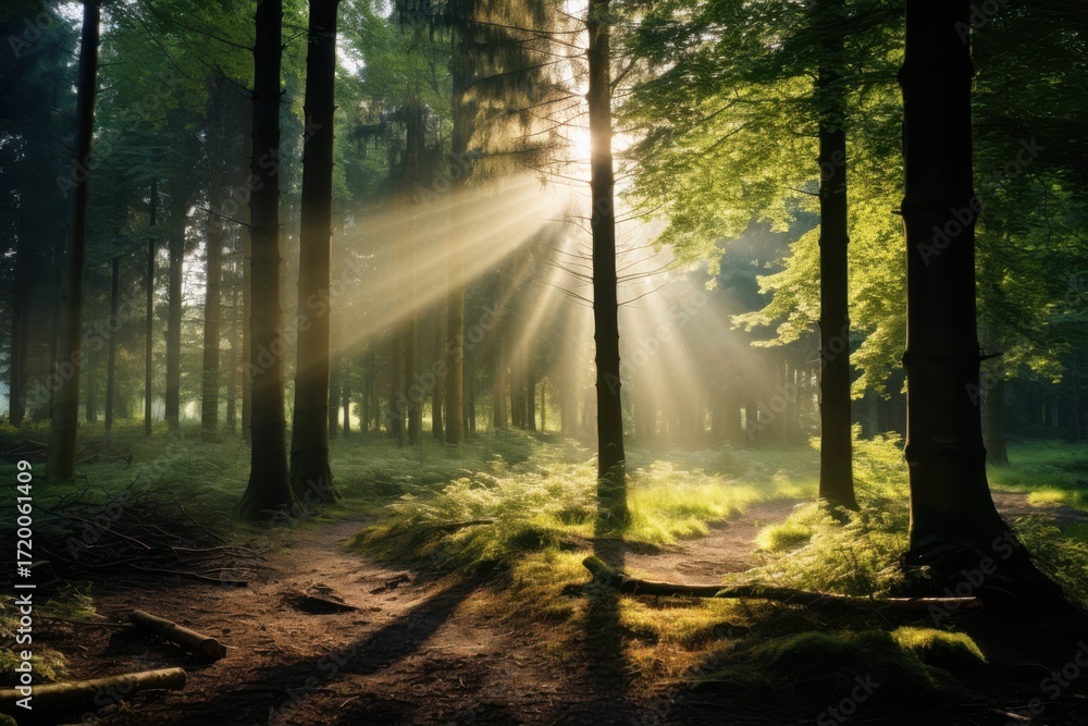 Obraz premium Sunbeams piercing through verdant forest canopy trees light