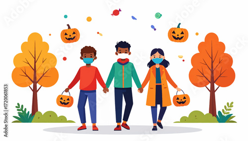 Three diverse friends in face masks holding hands and trick-or-treating with pumpkins during autumn
