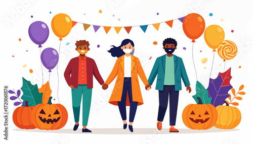 Joyful skeleton couple dancing at a festive Halloween party with jack-o'-lanterns and autumn leaves
