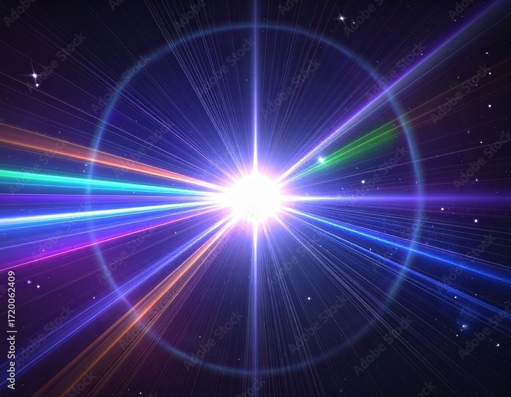 Fototapeta premium Cosmic Light Explosion in Deep Space 宇宙を照らす光の爆発と未来的な光線