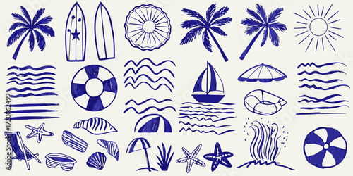 Collection of hand drawn blue summer beach vacation icons and elements on a light background