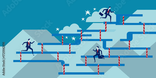 Businessmen navigating a complex obstacle course representing career challenges and strategic planning