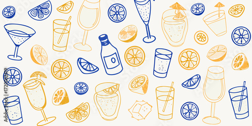 Hand drawn pattern of refreshing citrus drinks and fruit slices in blue and yellow on a white background