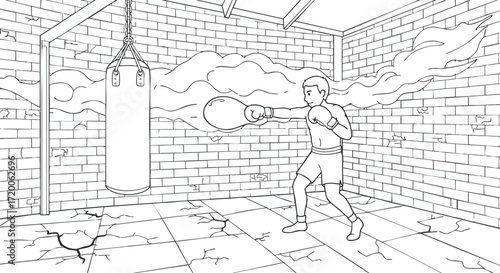 Monochromatic illustration of a determined boxer in an old gym, delivering a powerful punch during an intense training session, symbolizing strength and resilience