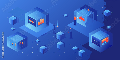 Isometric illustration of people analyzing data and charts within glowing cubes on a blue digital background