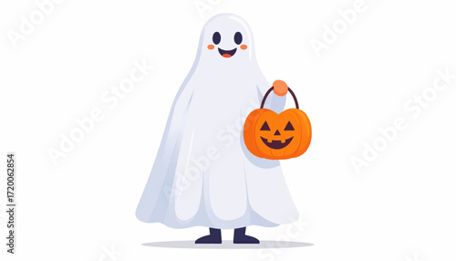 Cute cartoon ghost holding a halloween pumpkin candy bucket, ready for trick or treating with a friendly smile and simple design, perfect for holiday decorations and party invitations