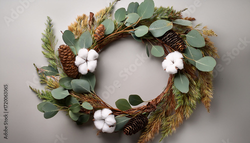 Autumnal Wreath Of Eucalyptus Leaves Cotton Bolls And Pinecones On Neutral Background