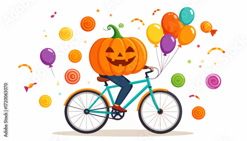 Halloween Fun A Pumpkin Headed Rider on a Bicycle with Balloons and Candy