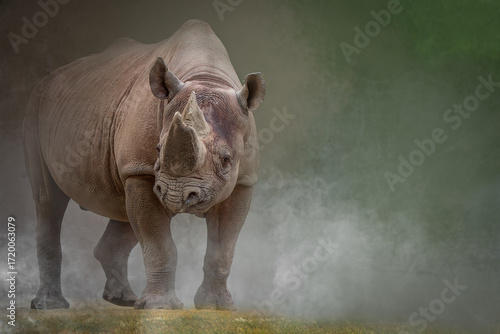 Full body portrait of a black rhinoceros on dusty savanna with copy space