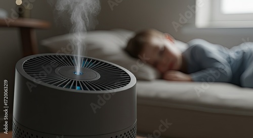 A sleek, dark air purifier quietly releases a gentle vapor, ensuring optimal indoor air quality for a child sleeping soundly in a cozy bedroom.