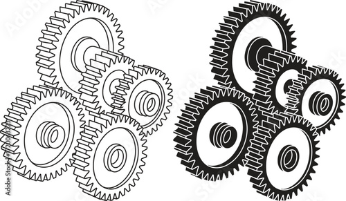 Detailed illustration of interlocking gears in black and white
