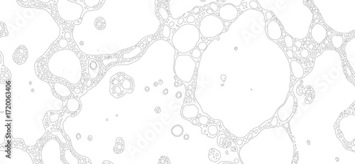 Monochrome abstract pattern showcases outlined bubbles in varying sizes, clustered together and connected by thin lines against a clean white backdrop, creating a modern, airy feel