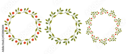 Set of three botanical wreaths with green leaves and red berries, decorative floral vector illustration