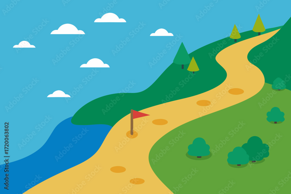 Fototapeta premium A winding path leads to a red flag on a green hill next to blue water