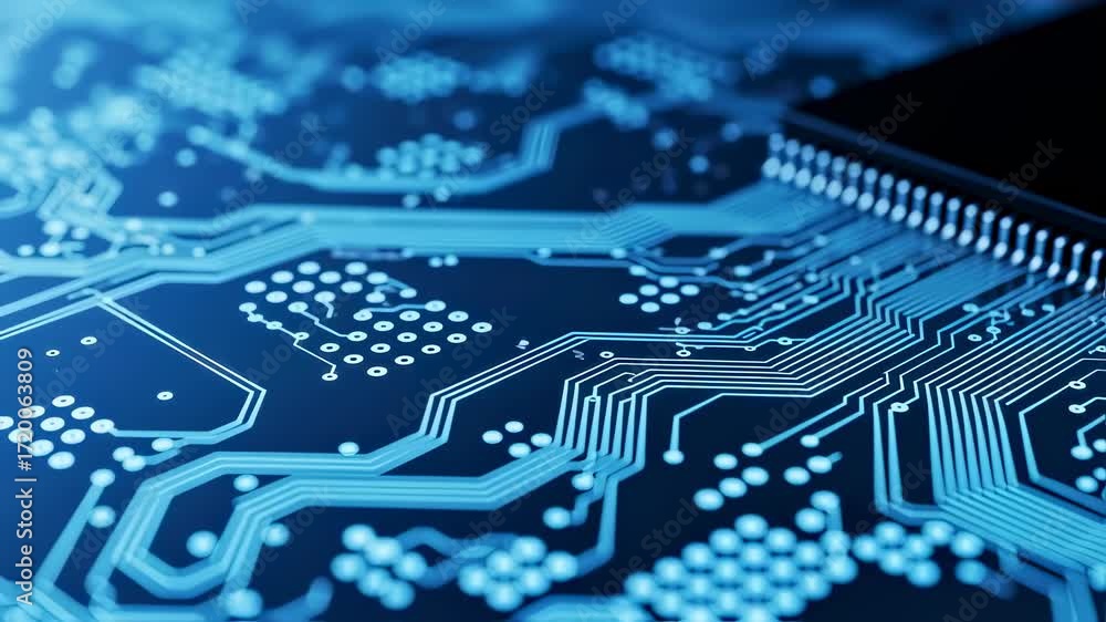 Digital data transfer on a blue circuit board with microprocessor chip footage, modern technology and computer science concept.
