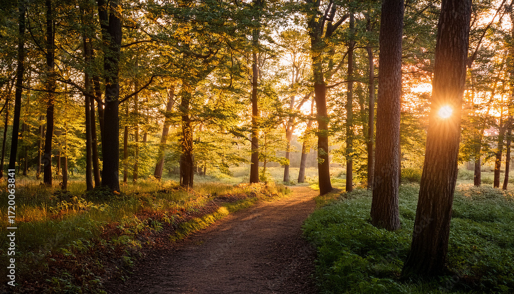 Fototapeta premium A Serene Woodland Scene With An Amber Glow From The Setting Sun Illuminating The Trees And Casting A Warm Light On The Path