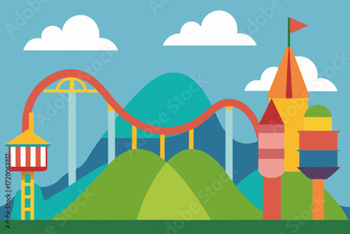 Colorful cartoon amusement park with roller coaster and castle towers