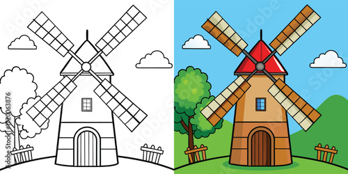 windmill coloring page for kids. Vector cartoon character. Educational game. educational worksheets for kindergarten.
