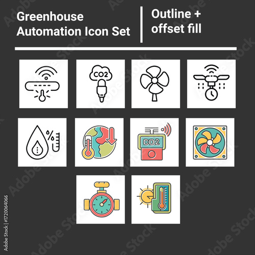 Greenhouse Automation Icon Set – Climate Control, Sensors, and Smart Farming Technology