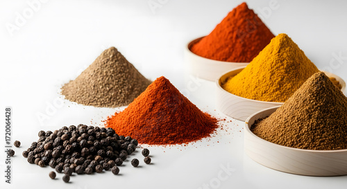 various spices in white bowls