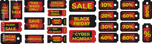A Set of BLACK FRIDAY and CYBER MONDAY Sale coupons with typography, a grunge red brush texture, discount tags. For online store promotions, marketing designs, special offer banners, advertising.
